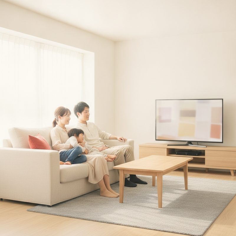 リビングでテレビの動画配信を見る家族