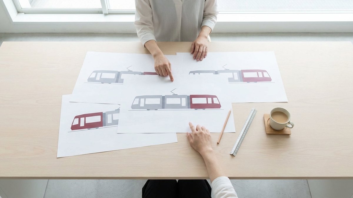 明るい会議室のテーブルで、電車の側面のデザイン案を並べて確認している様子