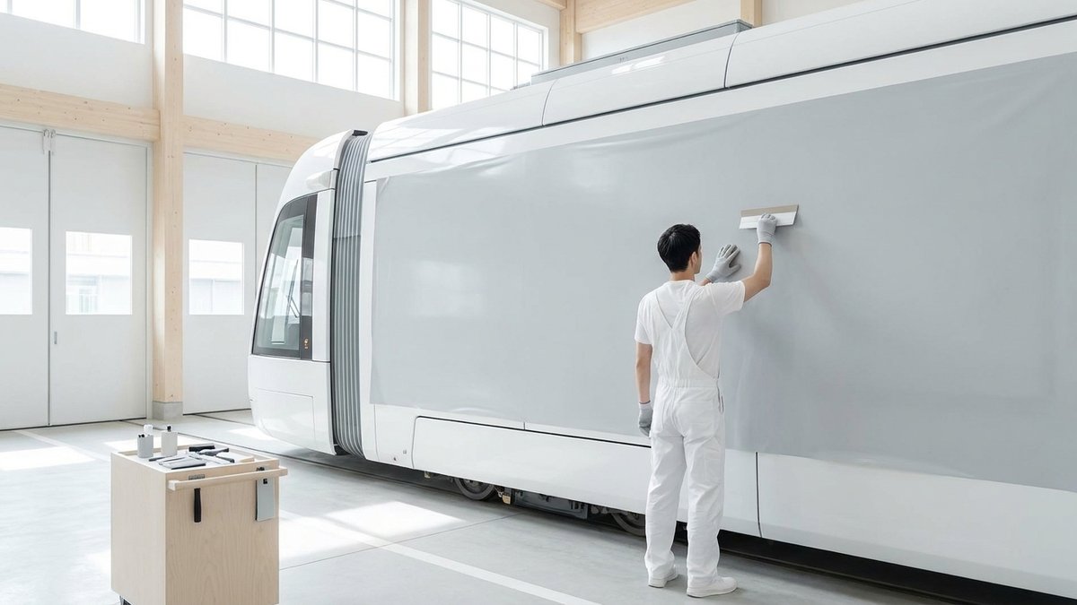 明るい車庫で、作業者が電車の車体にシートを貼り付けている後ろ姿