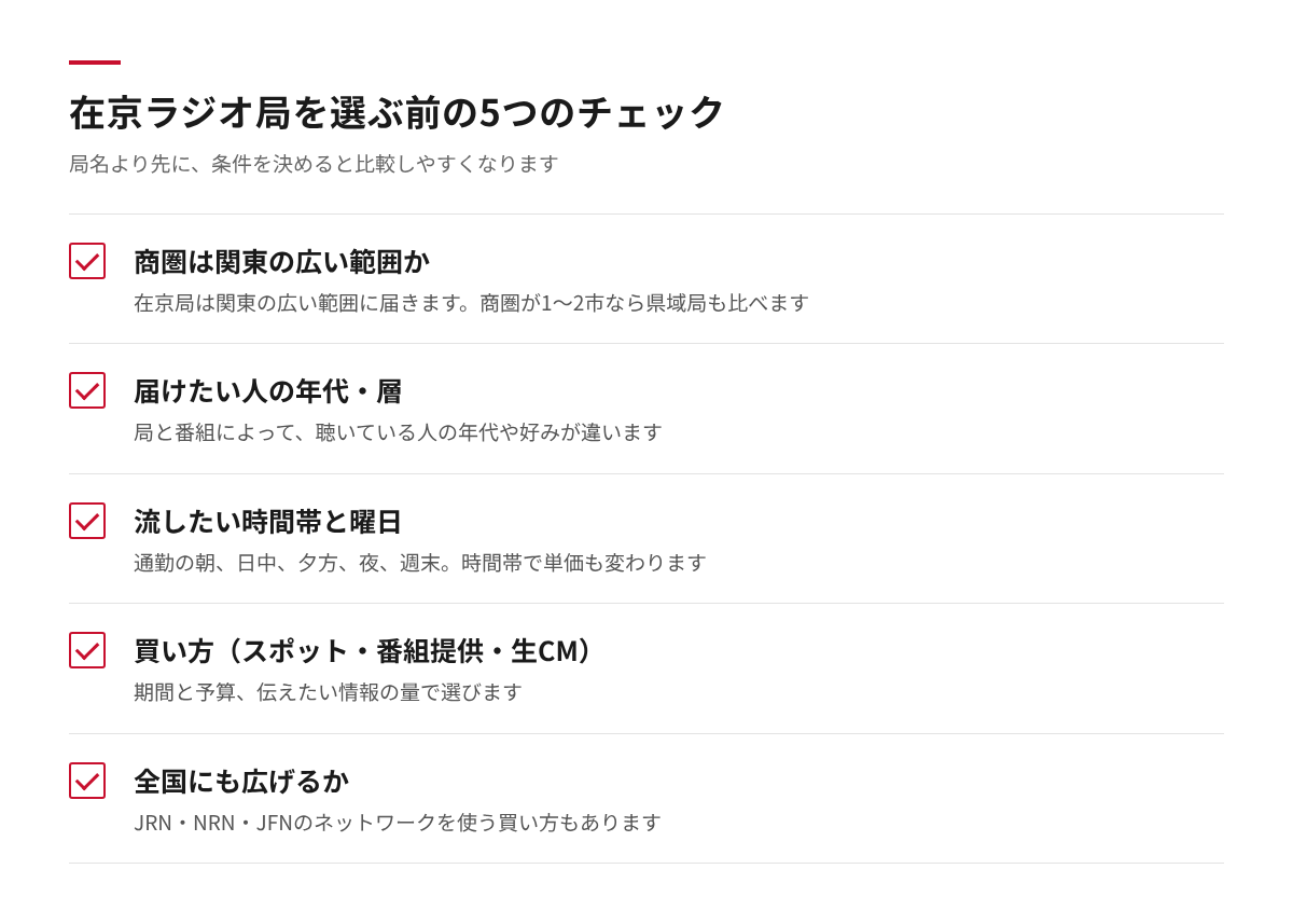 在京ラジオ局を選ぶ前の5つのチェック項目を並べたチェックリストの図